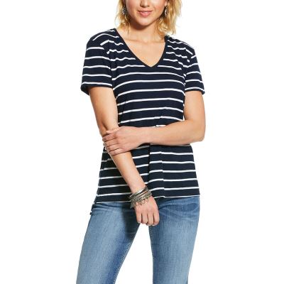 Ariat Western: Organic Cotton V-Neck Camisetas Mujer - Azul Marino / Blancas (VPJDE2570)